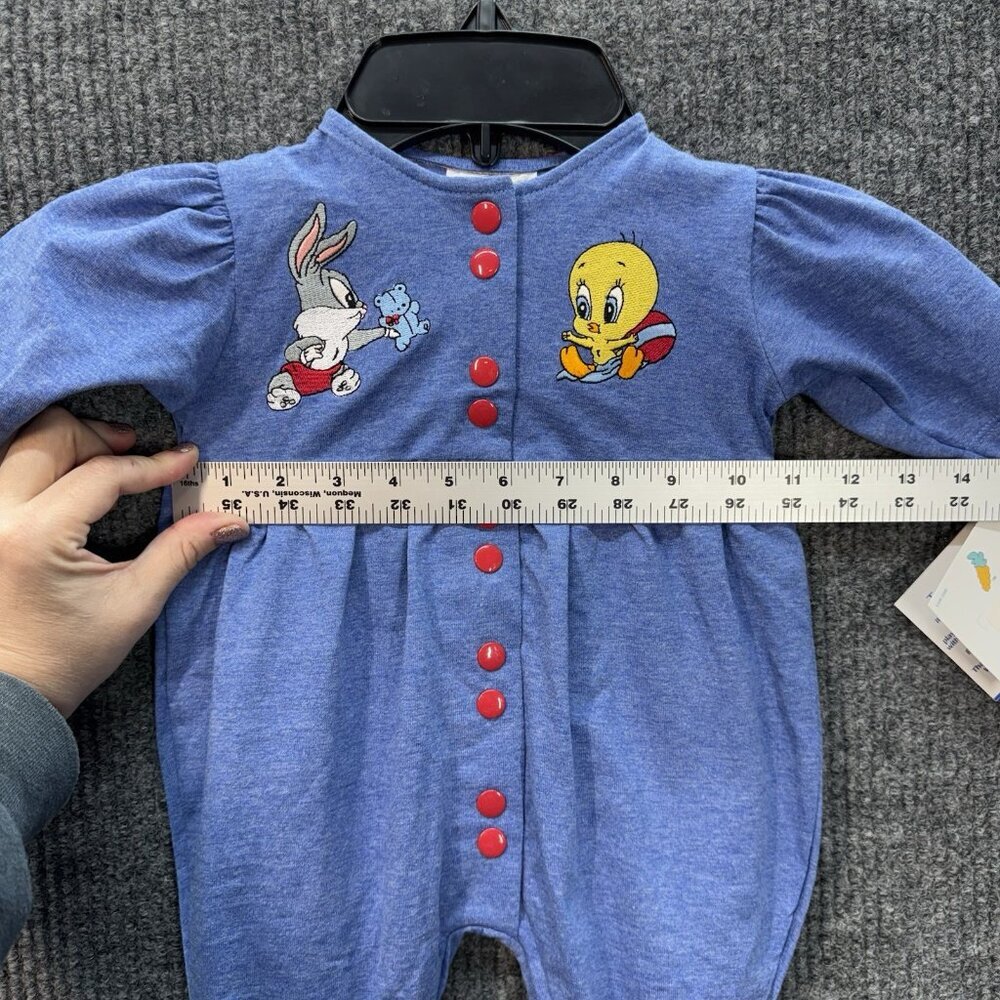 Vintage Baby Looney Tunes Romper Size 0-3 Months Blue Embroidered Snap 90s NEW - Picture 10 of 12